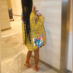 Faint of heart plaid graffiti print blazer